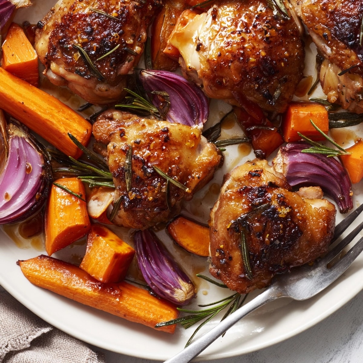 Close-up of Honey-Glazed Chicken with Roasted Root Vegetables: crispy skin and tender, caramelized vegetables.