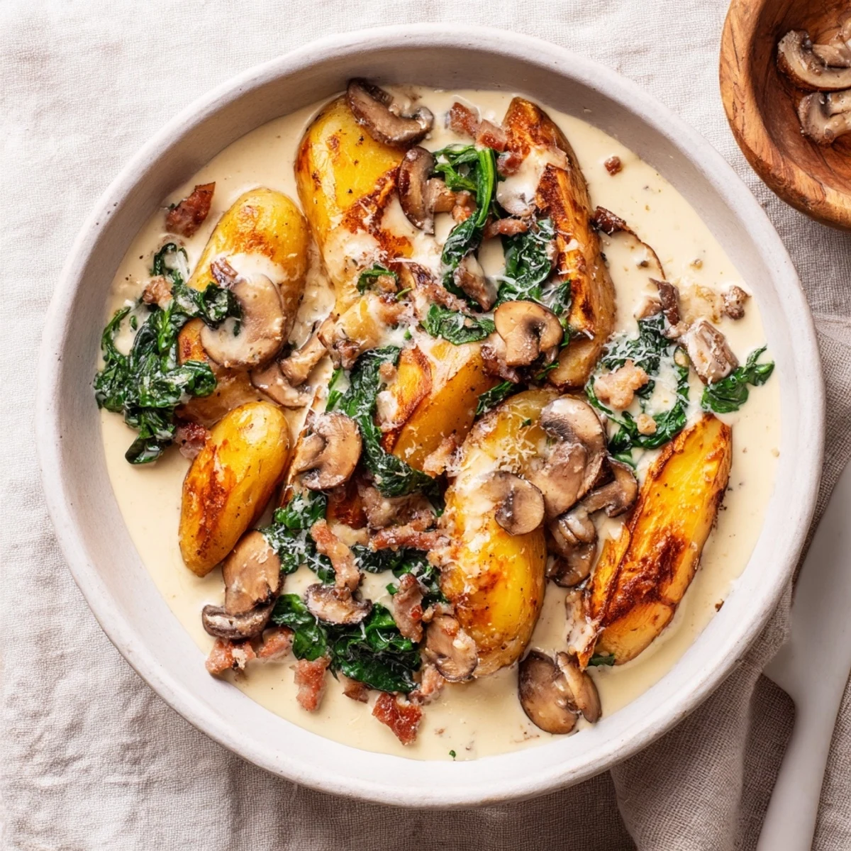 Woodsy skillet sausage and mushroom gnocchi, a creamy, savory skillet meal, ready to serve with Parmesan.
