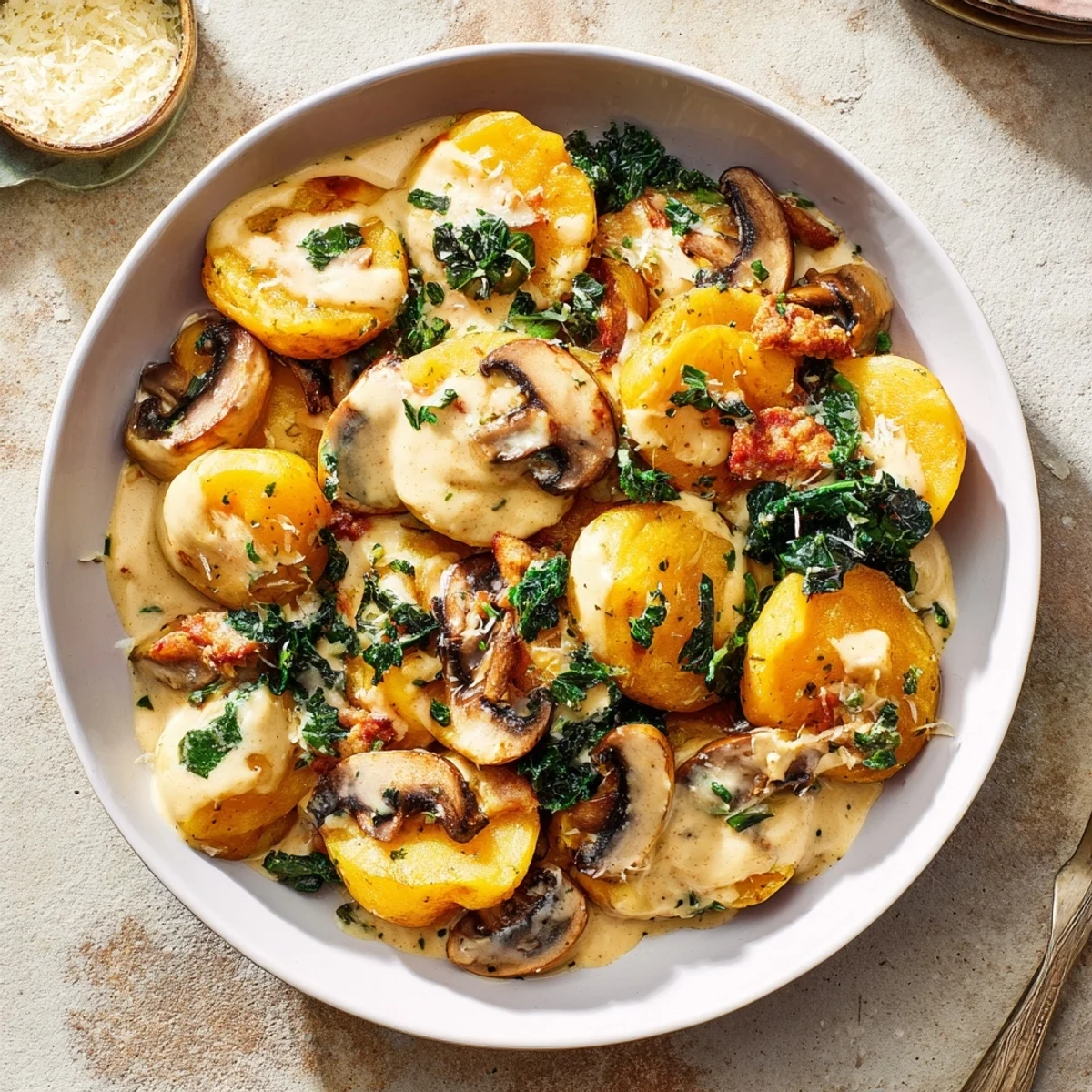 Earthy mushroom and sausage-packed woodsy skillet gnocchi, simmering in a creamy, flavorful broth for dinner.