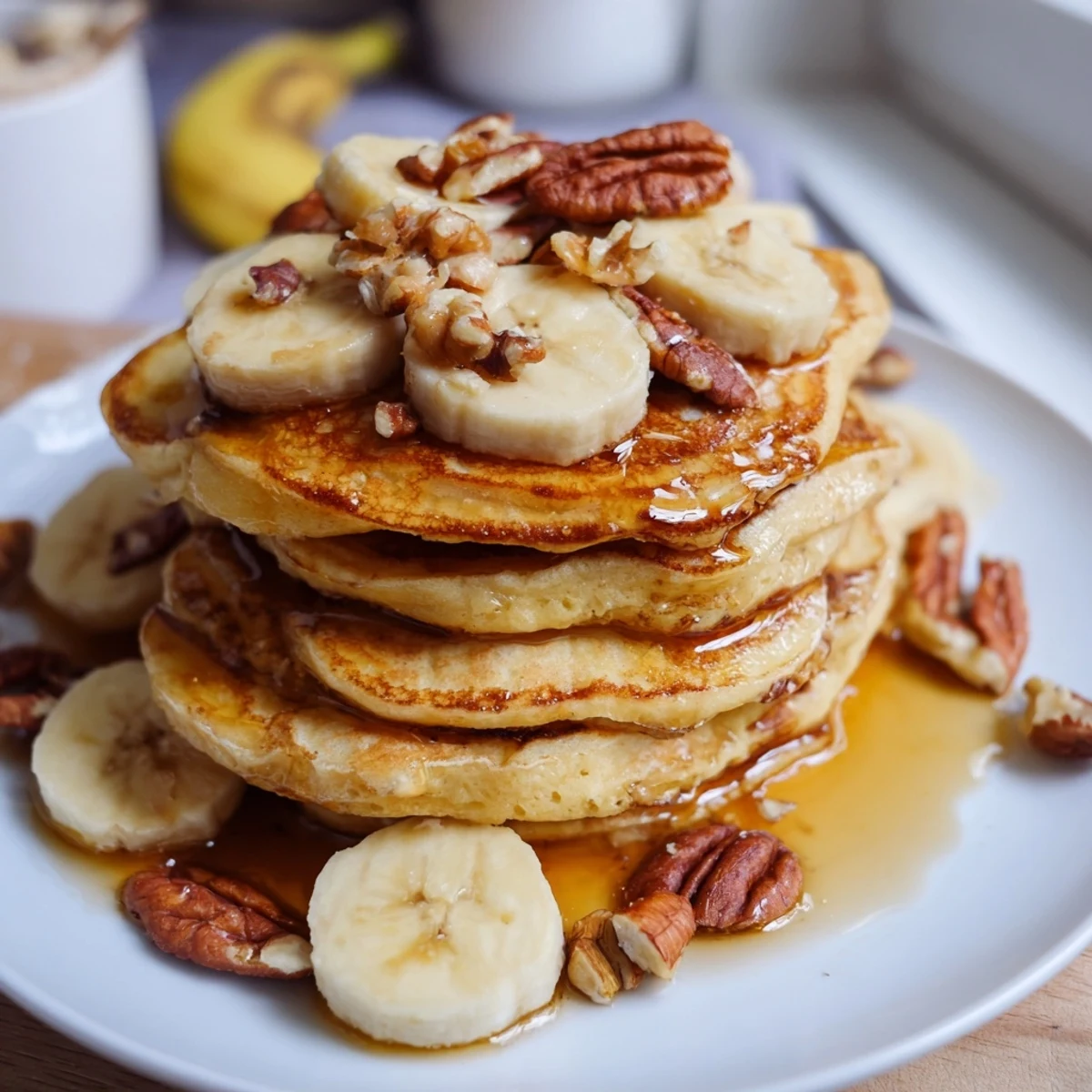 Golden-brunch banana pancakes drizzled with warm maple syrup, a perfect weekend breakfast visual.