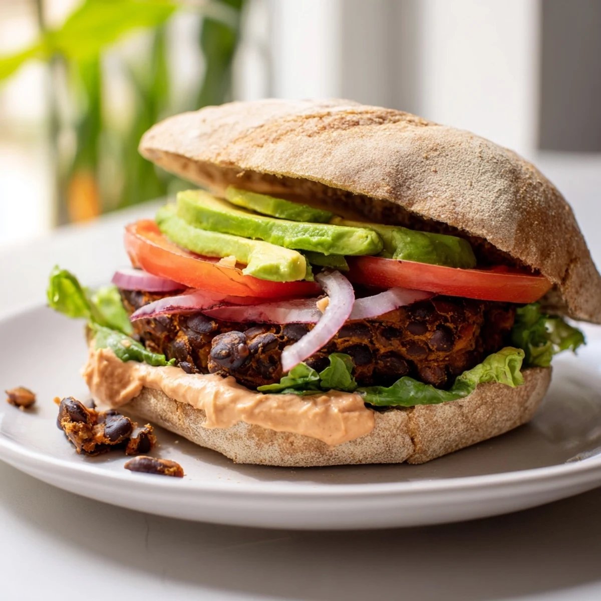 Zesty black bean burgers sizzling in a pan, ready to be topped with fresh, creamy avocado.