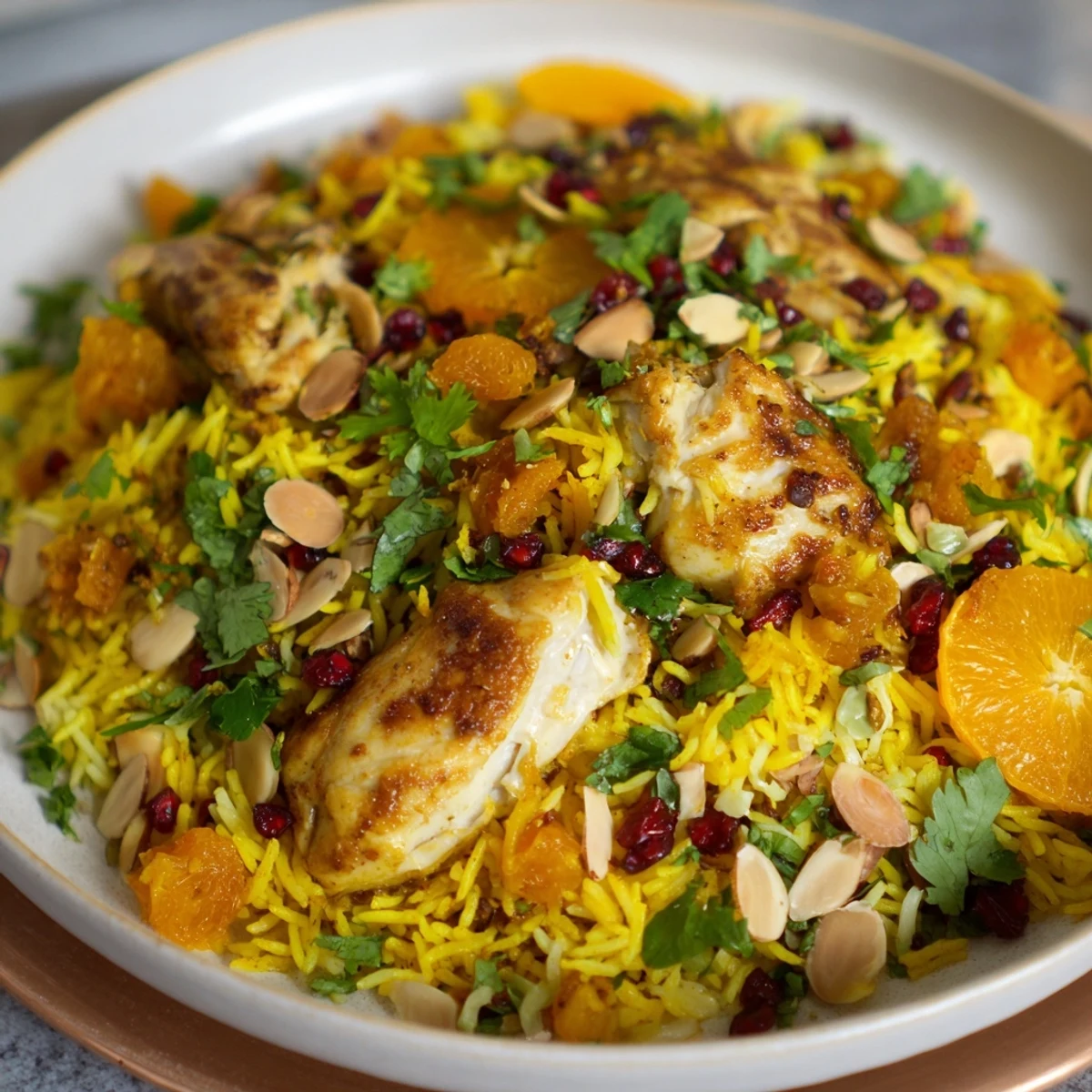 Golden saffron chicken and rice pilaf simmering in a Dutch oven, perfect for a flavorful weeknight meal.
