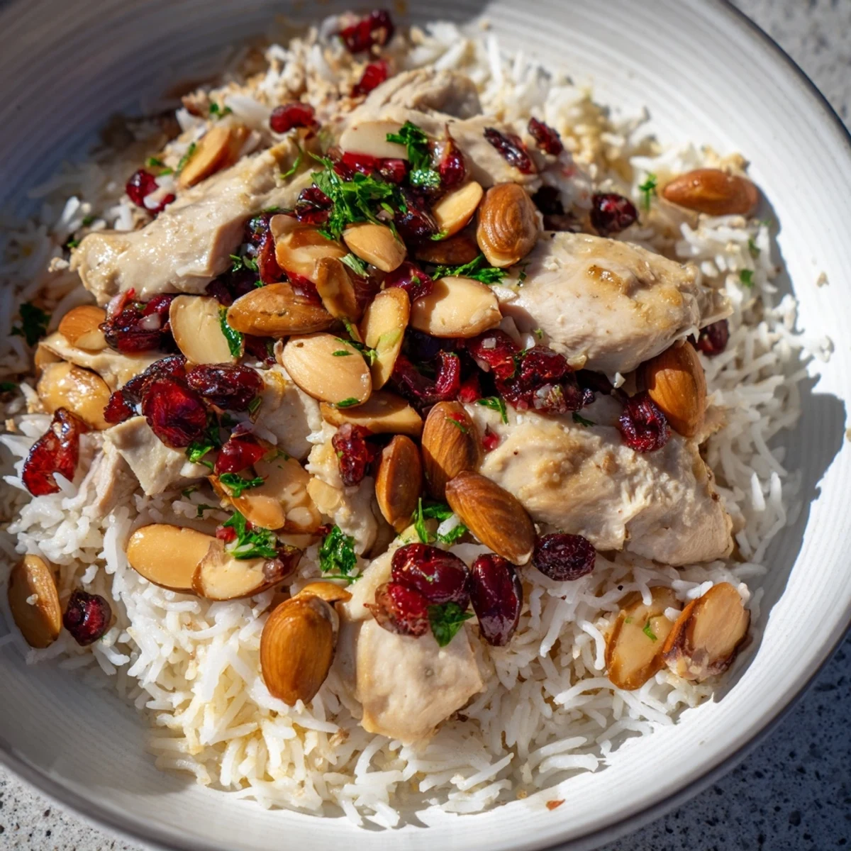 A close-up of fluffy saffron chicken and rice pilaf, topped with toasted almonds and herbs, ready to serve.