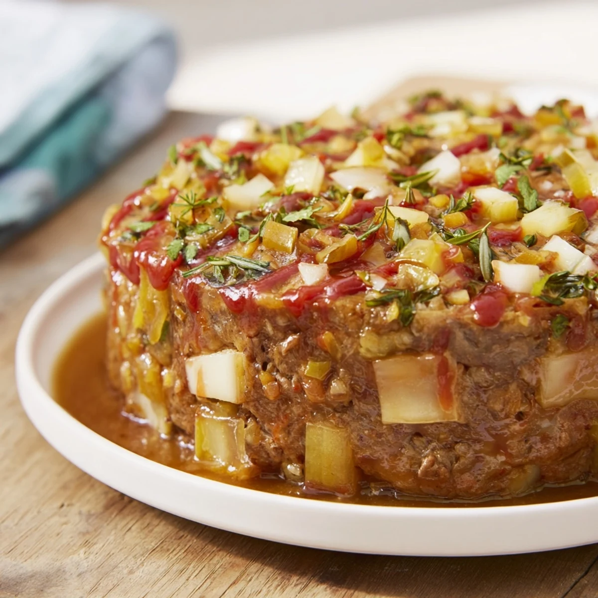 A hearty helping of Everyday Herb-Sprigged Turkey Meatloaf, moist with juicy herbs, perfect for a cozy dinner.