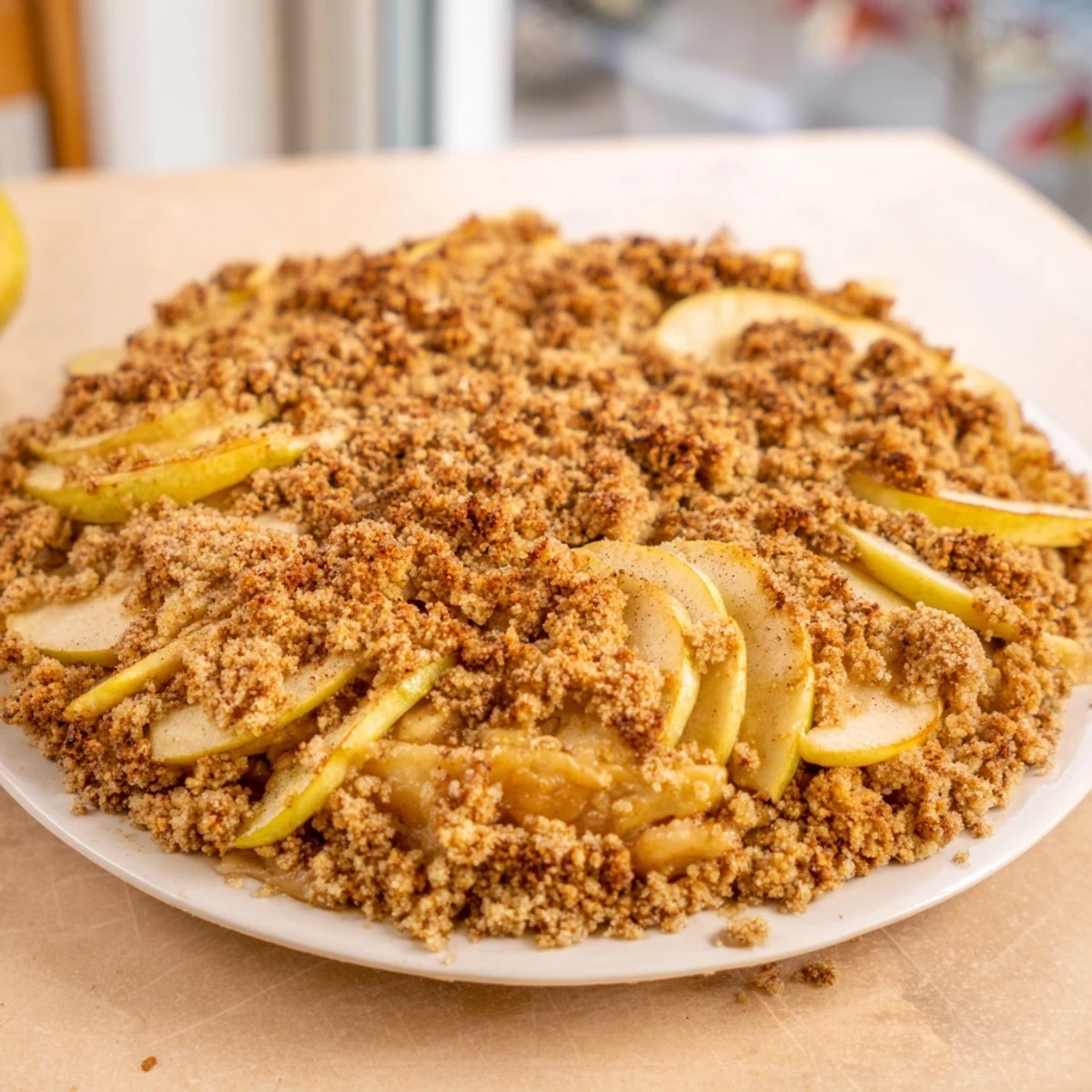 Golden brown Warm Rustic Apple and Cinnamon Crumble ready to serve, perfect for a cozy dessert night.