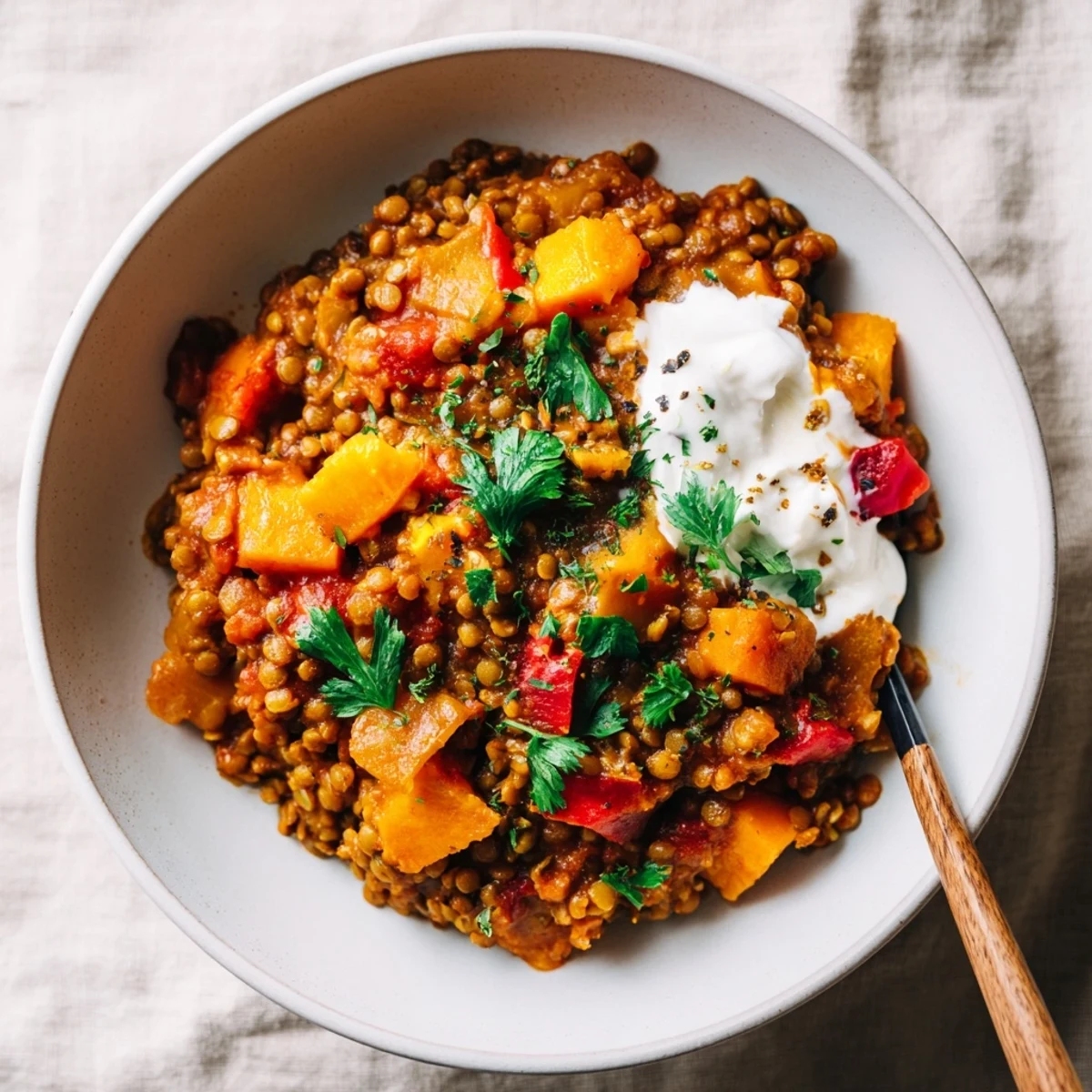 Steaming bowl of Wheat-Warm Hearty Lentil Curry, a flavorful vegetarian meal, garnished with fresh cilantro.
