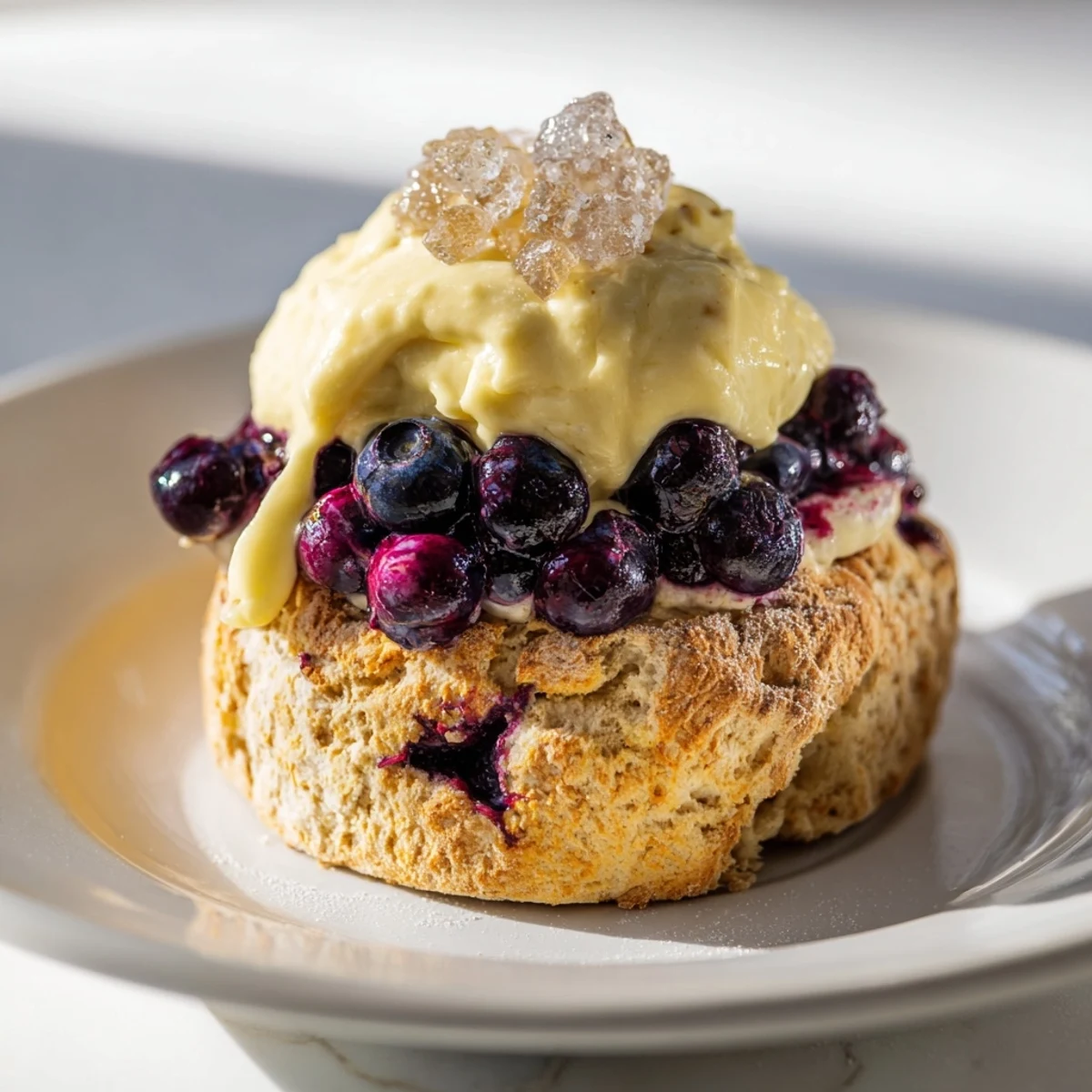 Golden crust, Rustic Birch-Warm Blueberry Scones with bursting blueberry insides, ideal for a warm breakfast.