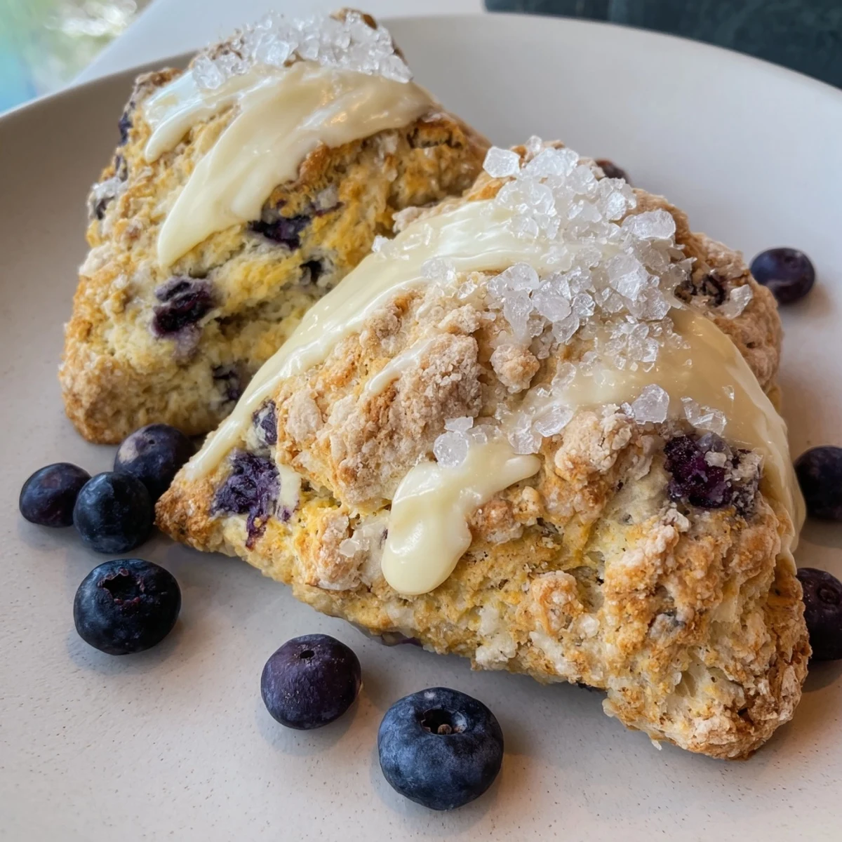 Freshly baked Rustic Birch-Warm Blueberry Scones, showing golden edges and sprinkled sugar, ready to serve with tea.