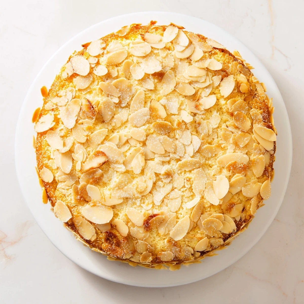 Golden slices of soft sweet plum-infused almond cake topped with almonds, ready to eat.