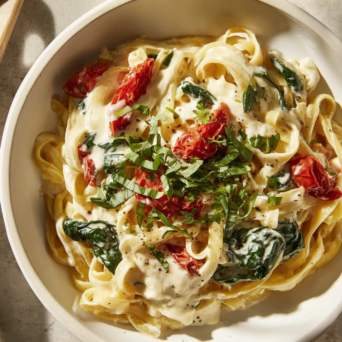 Creamy Tuscan Garlic Herb Pasta, a one-pot meal, featuring wilted spinach and sun-dried tomatoes is rich.