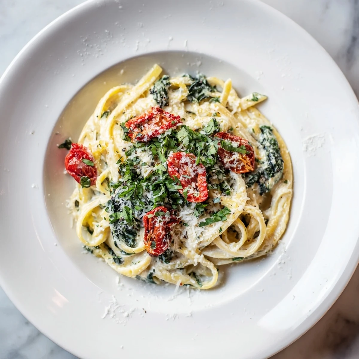 A photo presents the finished One-Pot Creamy Tuscan Garlic Herb Pasta, perfectly plated and ready to eat.