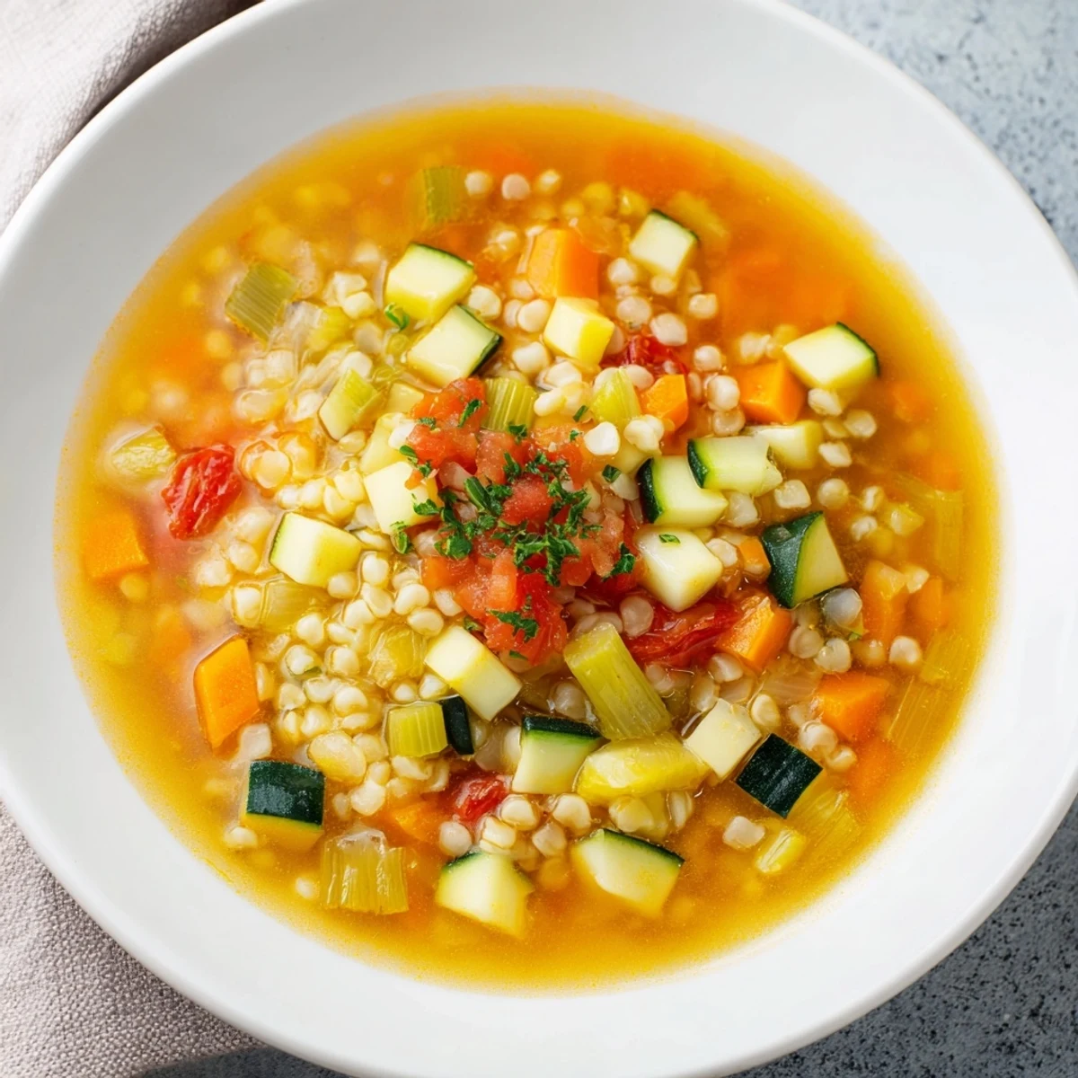 Steaming Simple Homemade Grain and Vegetable Soup, thick with barley, carrots, and tomatoes.