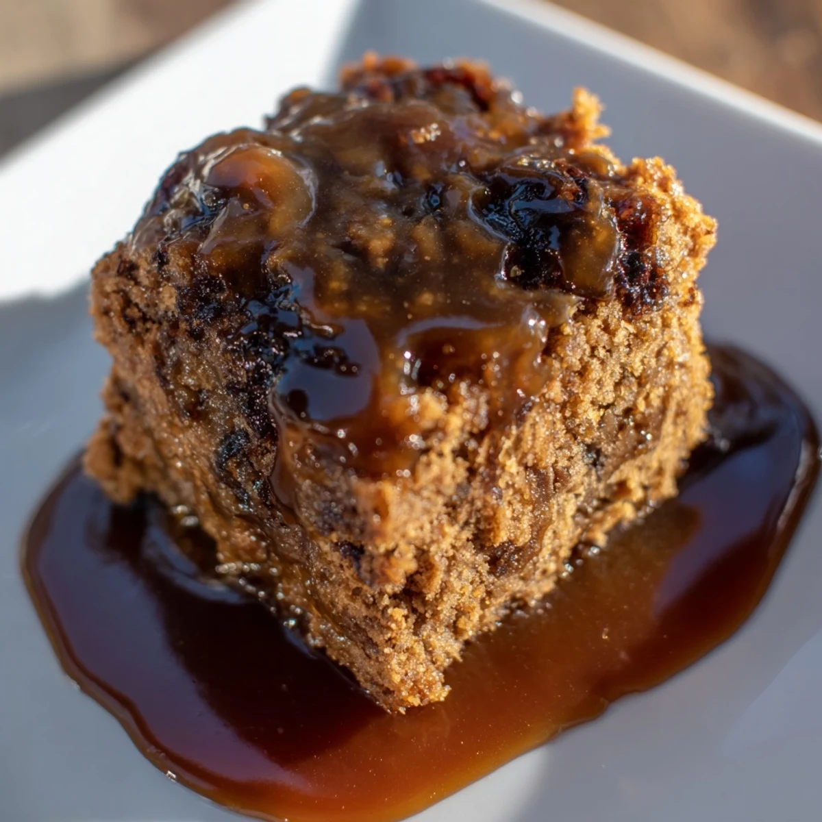 Weekend Cabin-Style Sticky Toffee Pudding drizzled with glistening, rich toffee sauce is ready to serve.