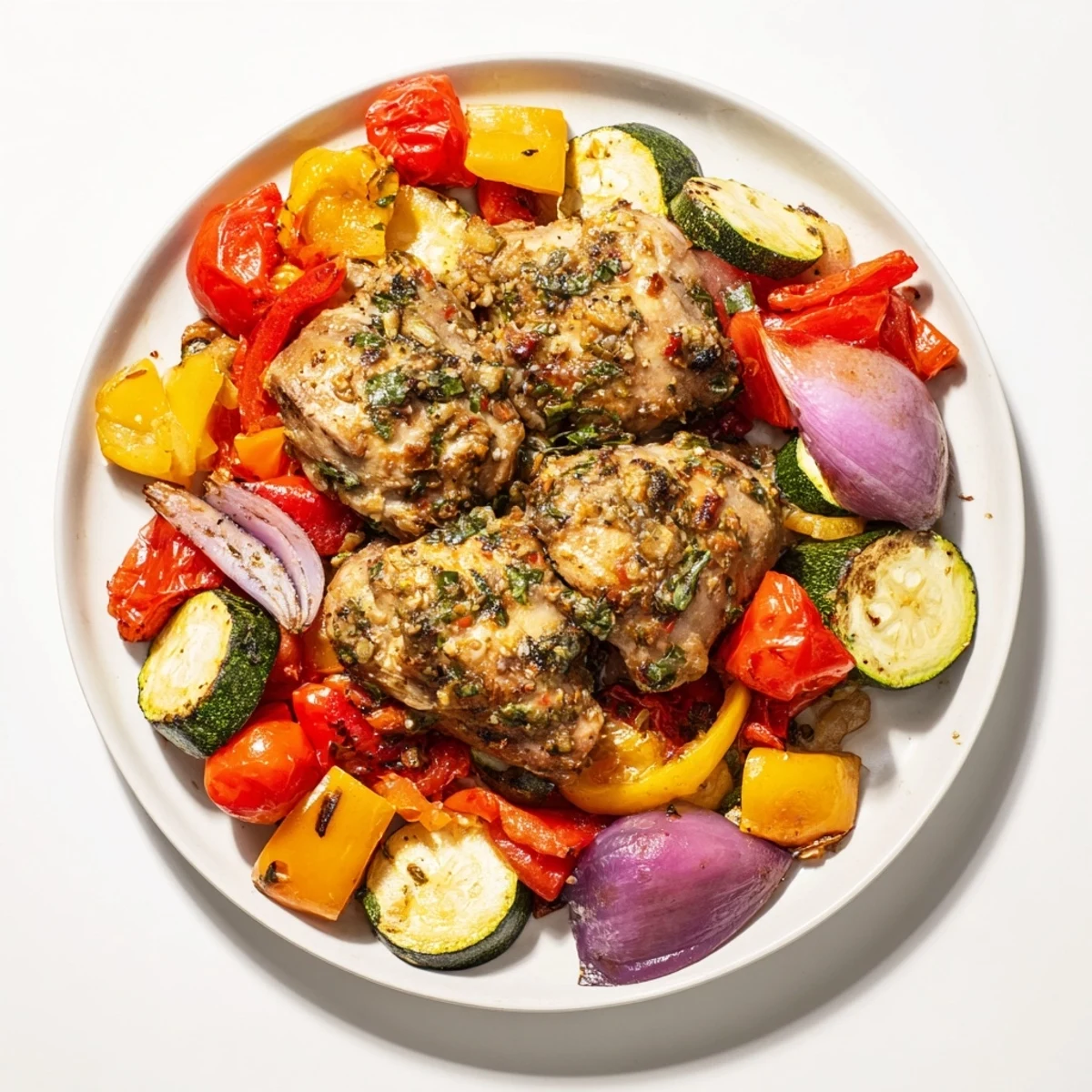 Tender Basil-Soft Chicken and Veggie Sheet Pan Dinner, golden-brown and ready to serve with fresh basil.