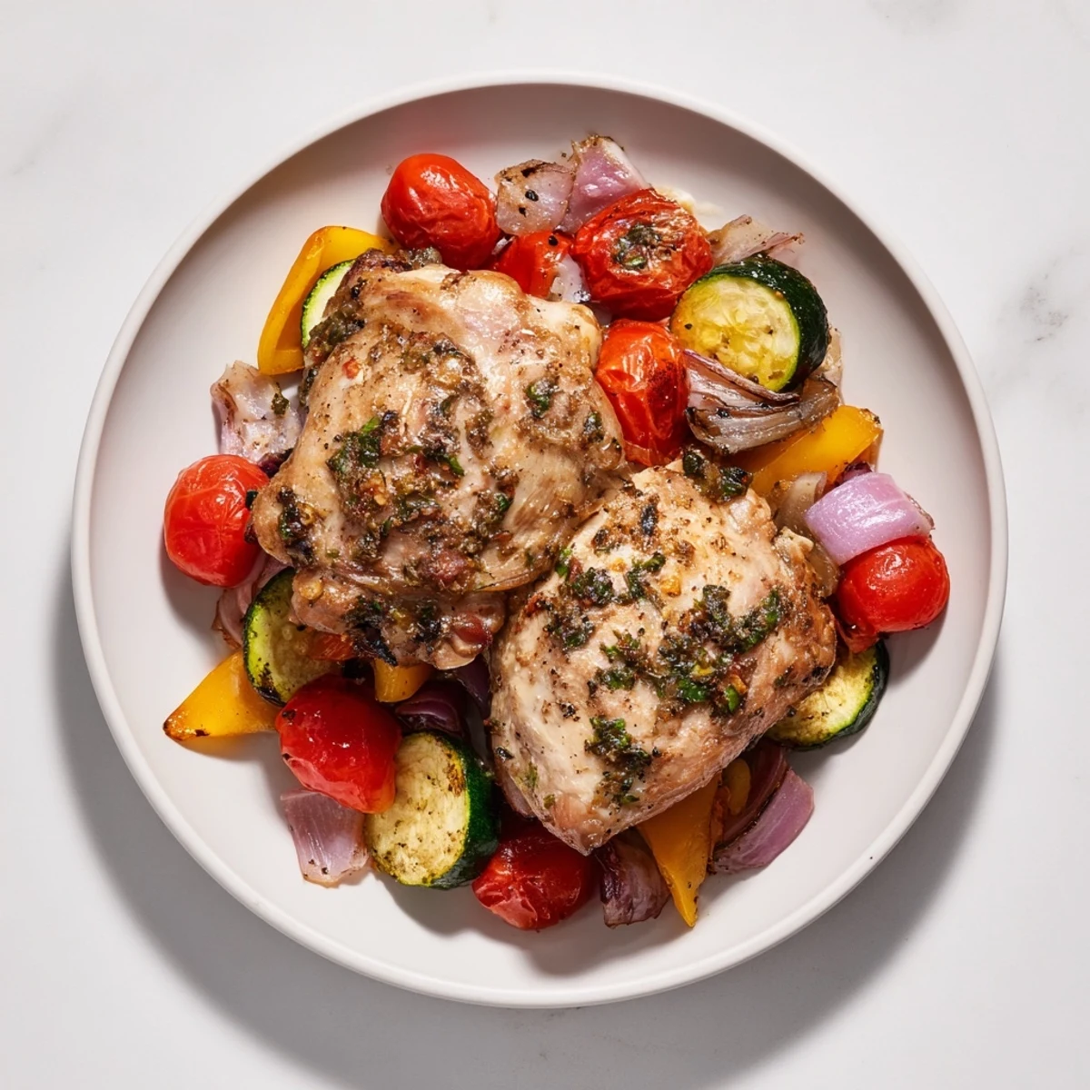 Sheet pan bursting with colorful roasted vegetables and juicy Basil-Soft Chicken for a simple, healthy meal.