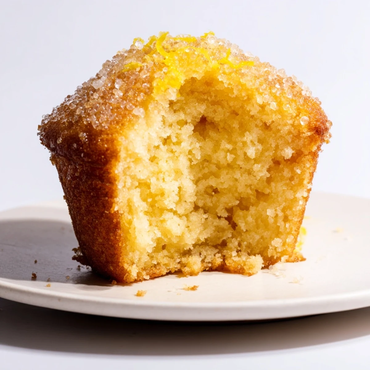 A close-up of Simple Sweet Lemon Zest Muffins, with visible lemon zest, ready to be enjoyed with a cup of coffee.