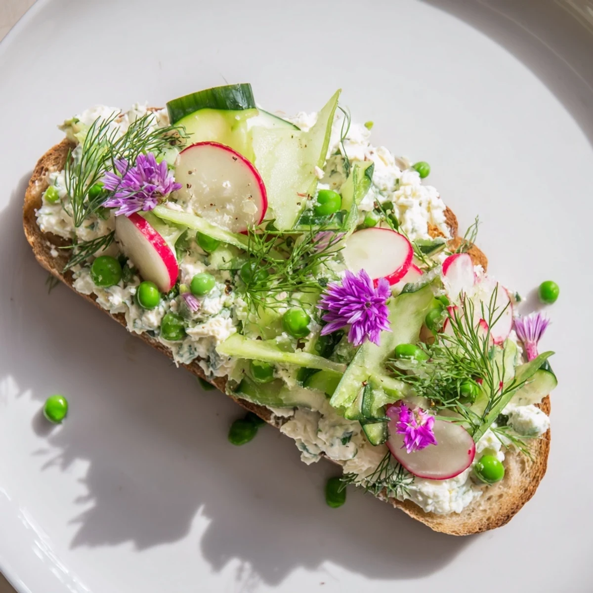 Picture a delicious Fresh Meadow-Inspired Garden Vegetable Tartine featuring toasted bread and creamy herbed cheese.