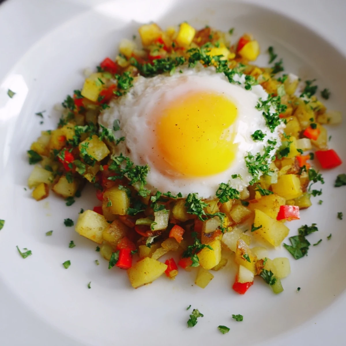 Simple skillet egg and potato hash with a runny egg yolk, perfect for breakfast.