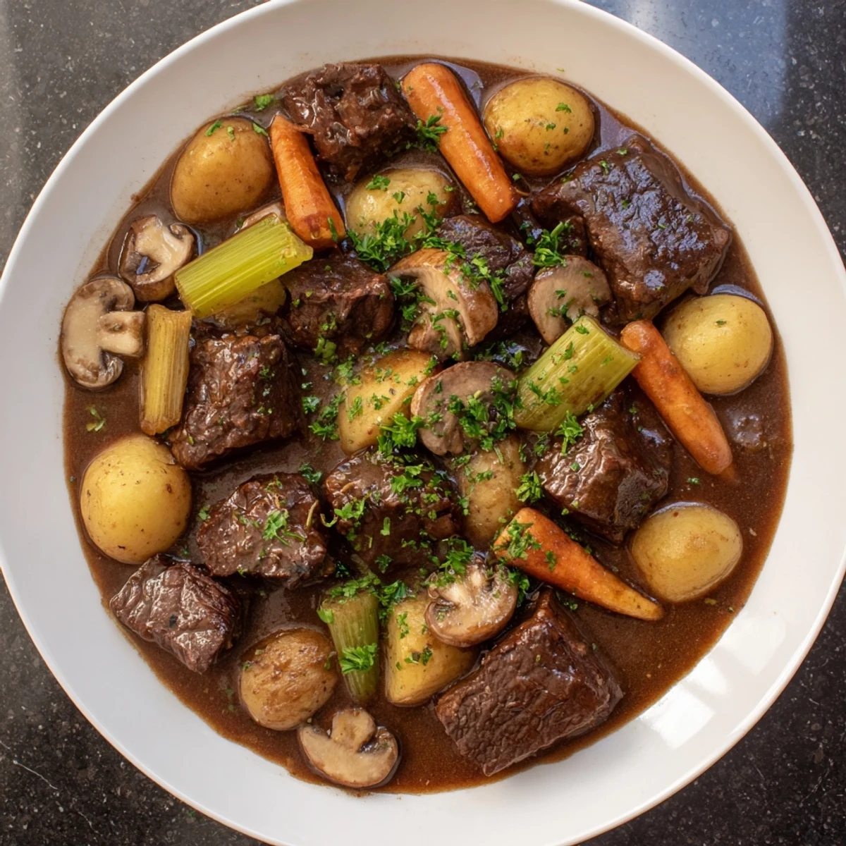 A steaming bowl of earthy beef stew beside a slice of crusty homemade bread.