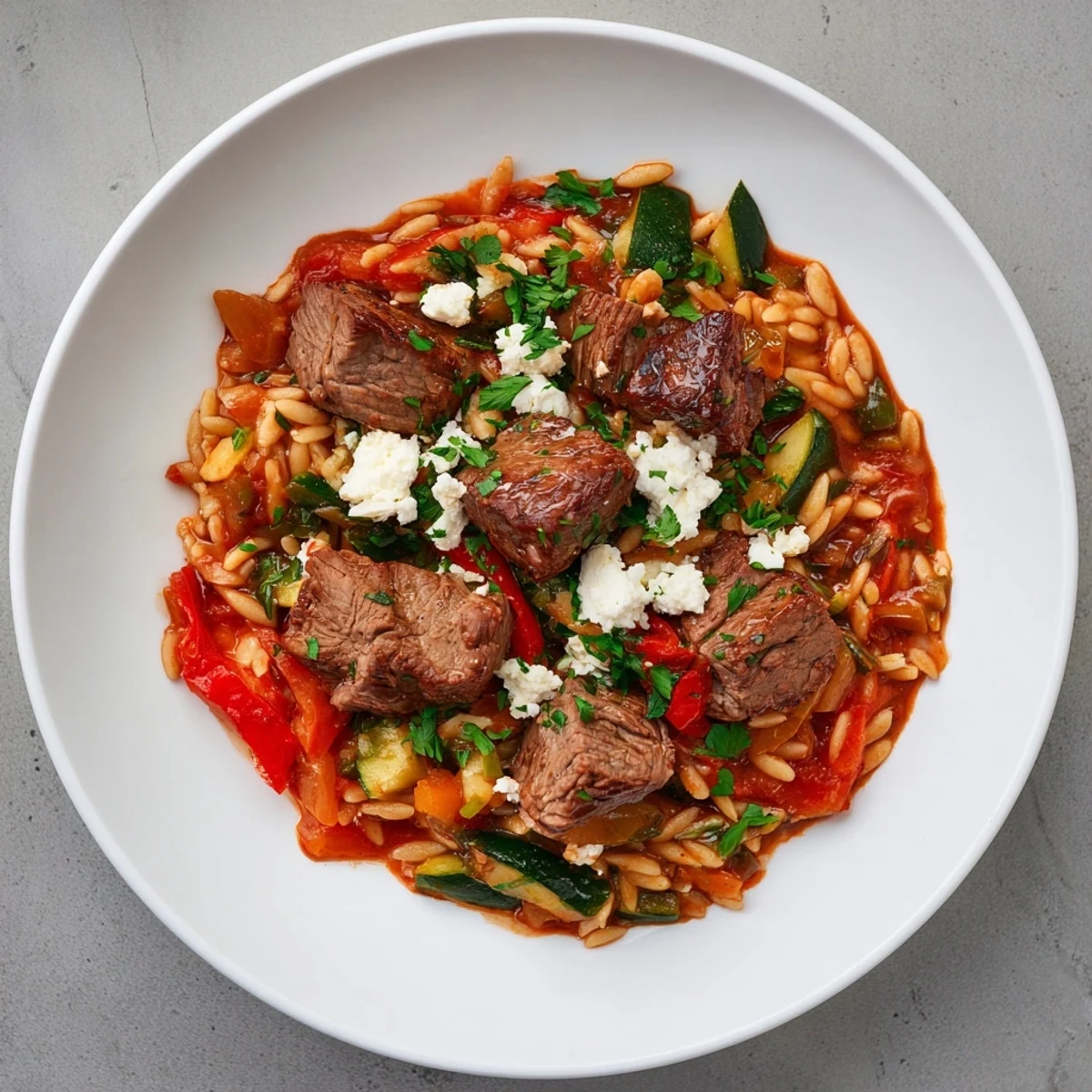 A steaming, one-pot Smoky Mediterranean Lamb and Orzo Supper with feta and fresh parsley garnishes.