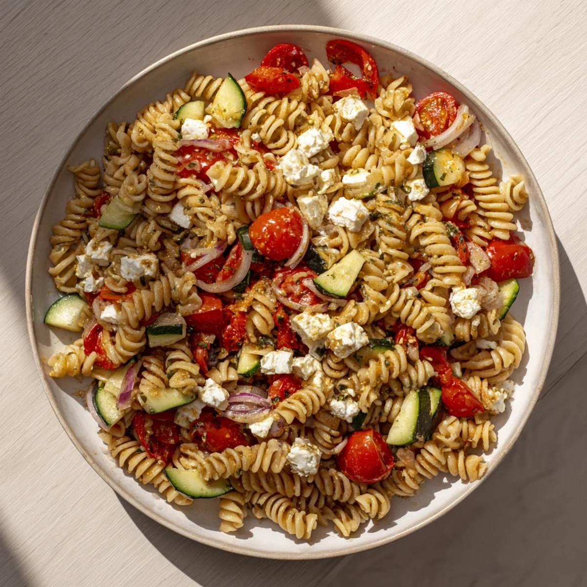 Mediterranean Olive Oil and Feta Pasta Salad, a colorful medley, ready to eat and enjoy.