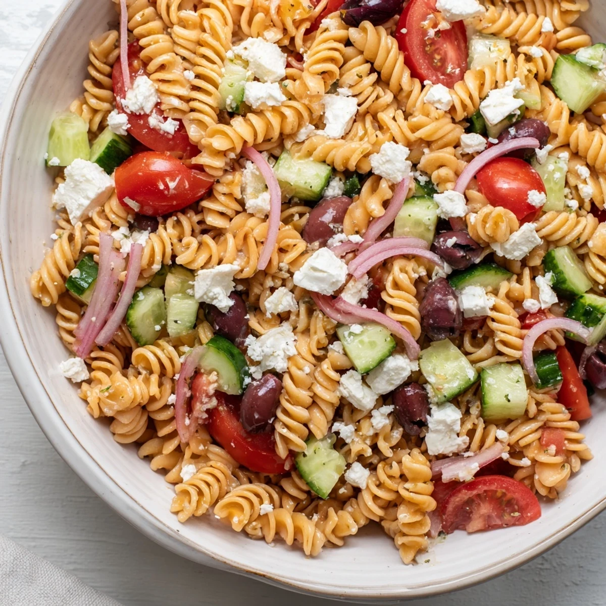 Cool, creamy Mediterranean Olive Oil and Feta Pasta Salad featuring fresh tomatoes and olives.