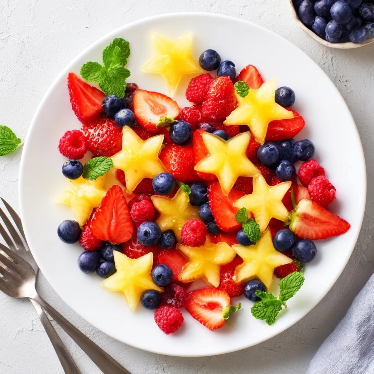 Vibrant arrangement of starfruit slices and berries; a simple, beautiful platter to serve.