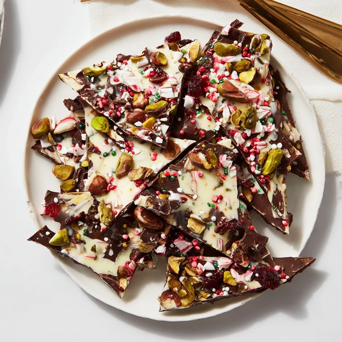 Festive Holiday Bark shards displaying a beautiful arrangement of colorful toppings and delicious chocolate.