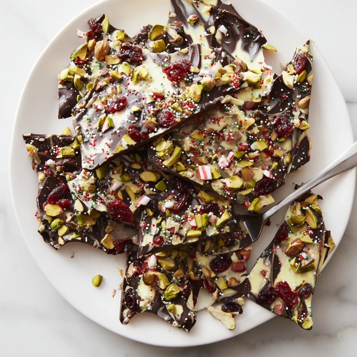 Irregularly shaped shards of rich dark chocolate Holiday Bark, sprinkled with vibrant festive toppings.