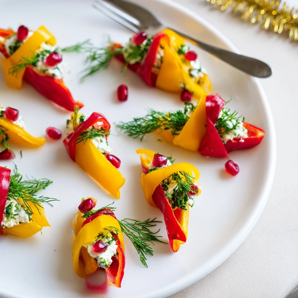 Vibrant bell pepper Christmas bows, a festive appetizer filled with creamy, herbed cheese, ready to serve.