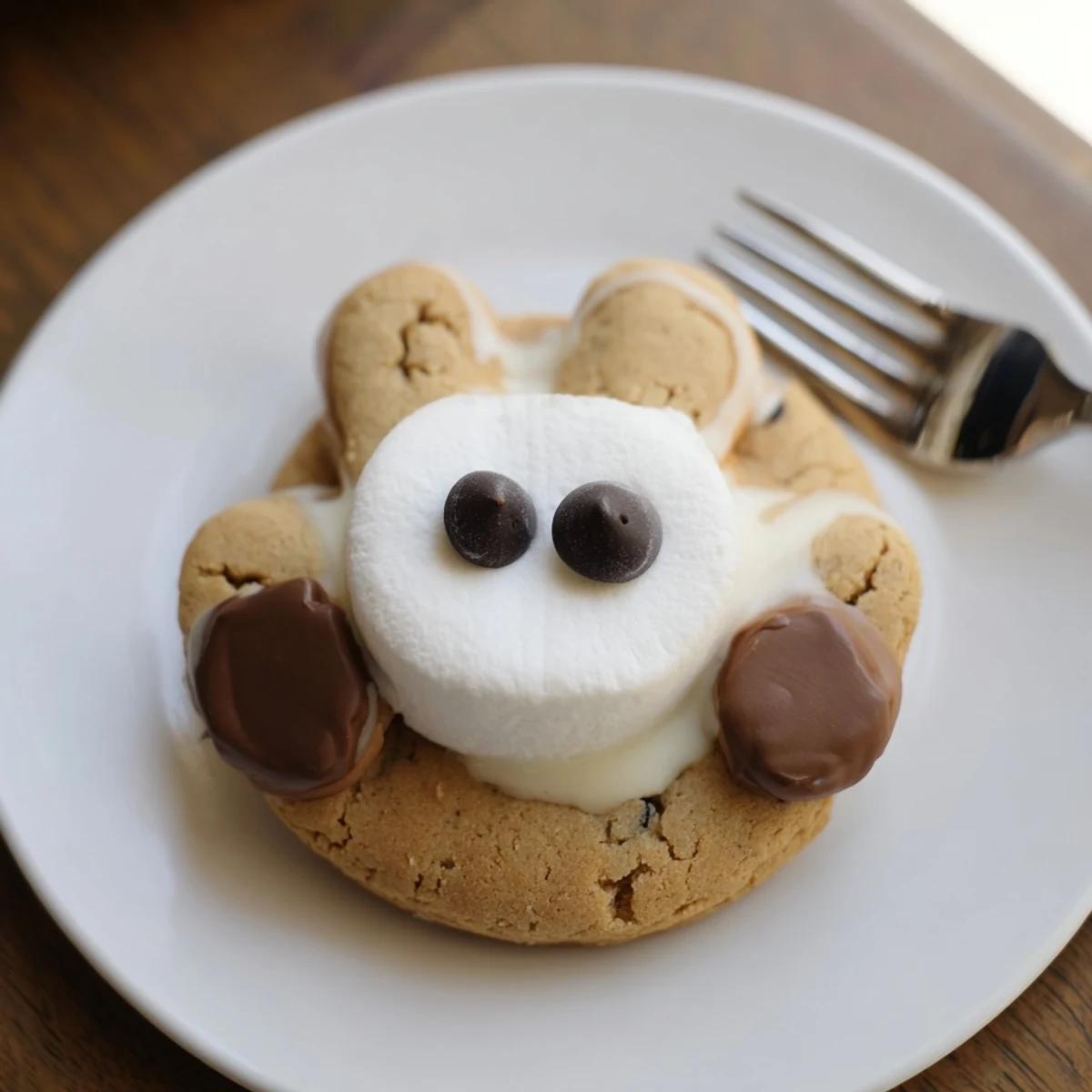 Freshly baked Polar Bear Paw Print Cookies with marshmallow pad and chocolate chips.
