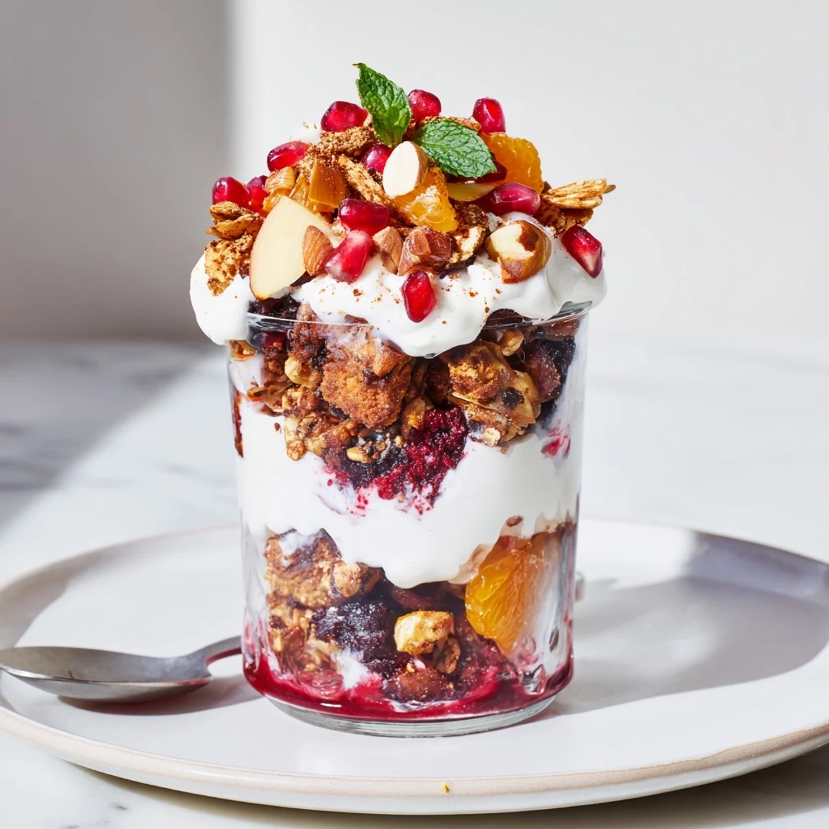 Creamy layered Christmas Pudding Yogurt Parfait Bar with spiced fruit compote and crunchy toppings.