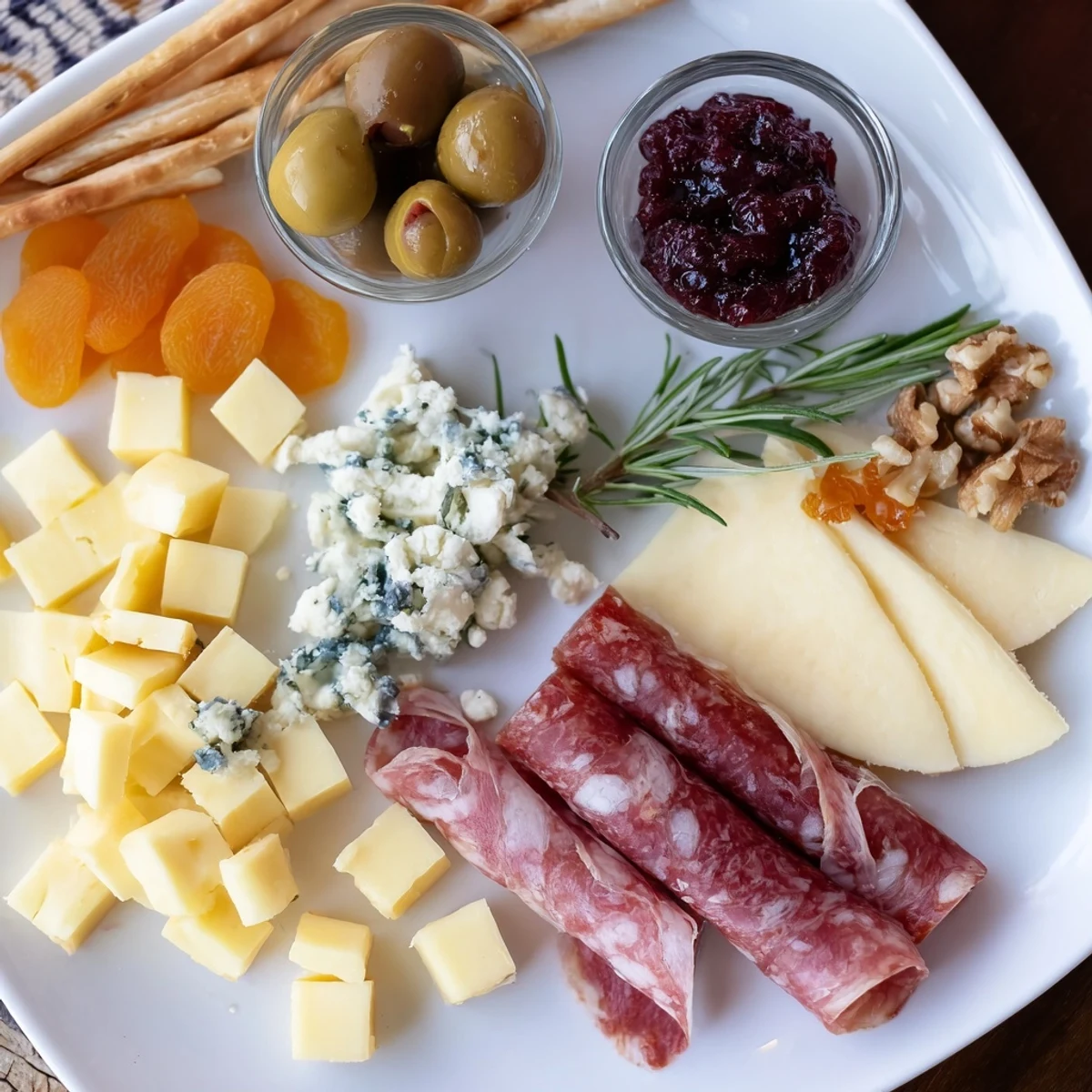 A Winter Forest Charcuterie Scene with meats, cheeses, olives, and rosemary creating a cozy holiday spread.