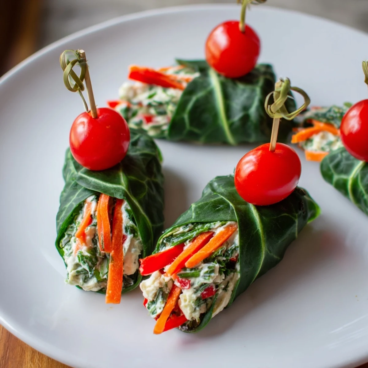 Vibrant Holly Leaf Spinach Wraps: Rolled spinach leaves reveal creamy cheese and colorful veggie filling.