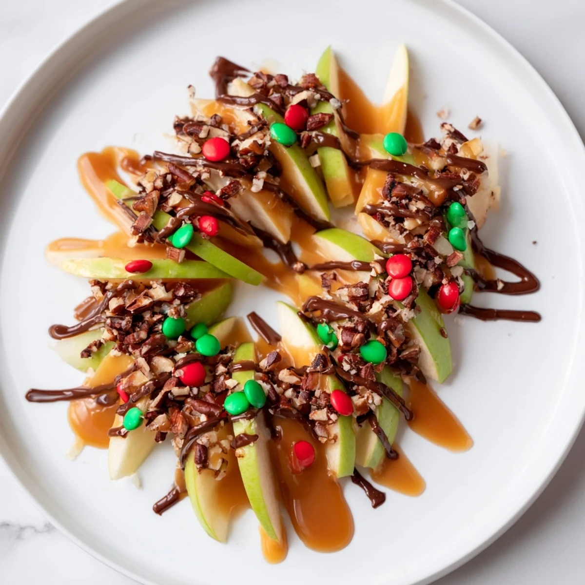 Vibrant Caramel Apple Slice Christmas Wreath, glistening with caramel and chocolate, perfect for holiday feasts.