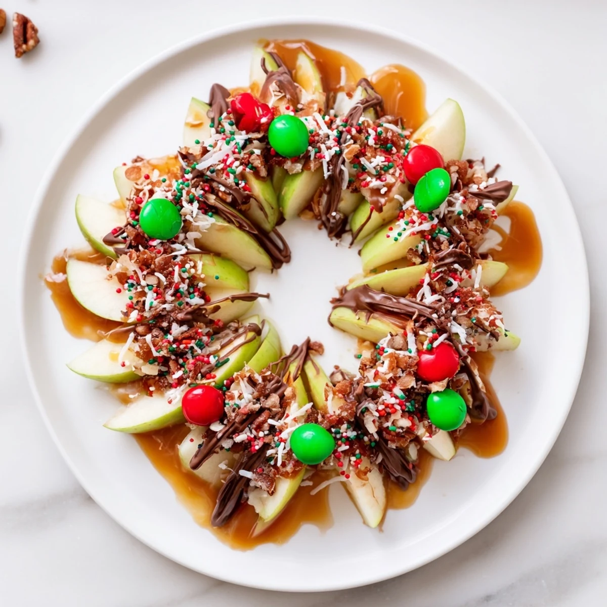 A close-up of a festive Caramel Apple Slice Christmas Wreath, showcasing colorful candy and fresh apples.
