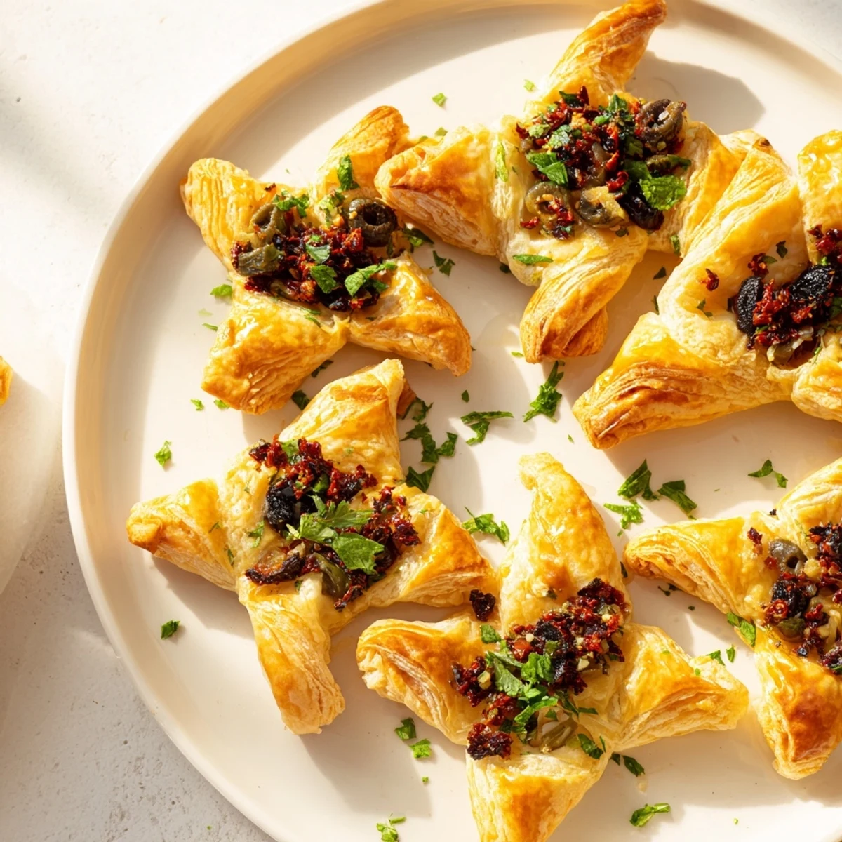Close-up of baked Olive and Sundried Tomato Star Garland, showing a savory, festive appetizer ready to serve.