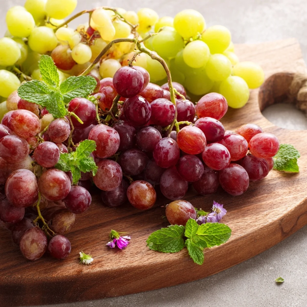 A vibrant display of fresh, seedless grapes elegantly spilling off a serving board, ready to enjoy.