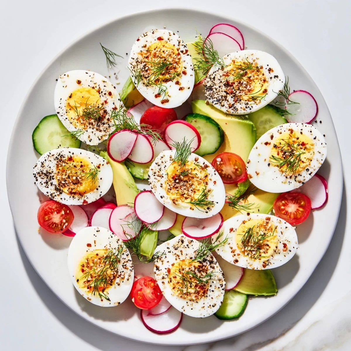 Appetizing photo of a brunch board with hard-boiled eggs with everything bagel seasoning, ready to serve.