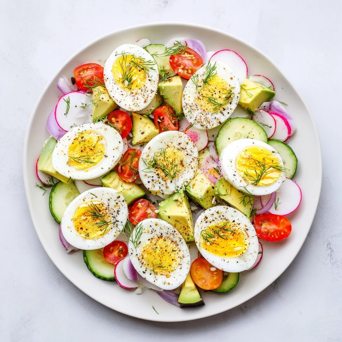 Colorful arrangement of sliced eggs with everything bagel seasoning and fresh ingredients, ideal for brunch.