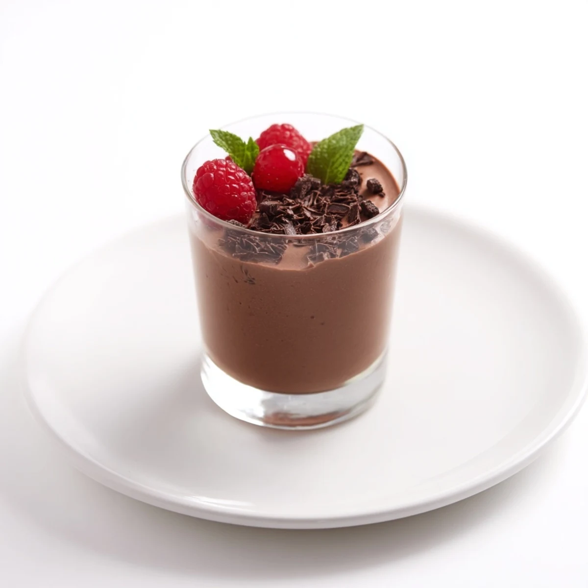 Rich, decadent chocolate mousse dessert cups, chilled and topped with fresh berries, ready to serve.