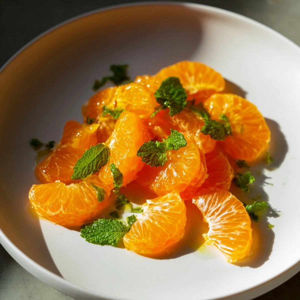 Vibrant clementine and mint winter fruit salad, bursting with citrus flavor, ready to enjoy.