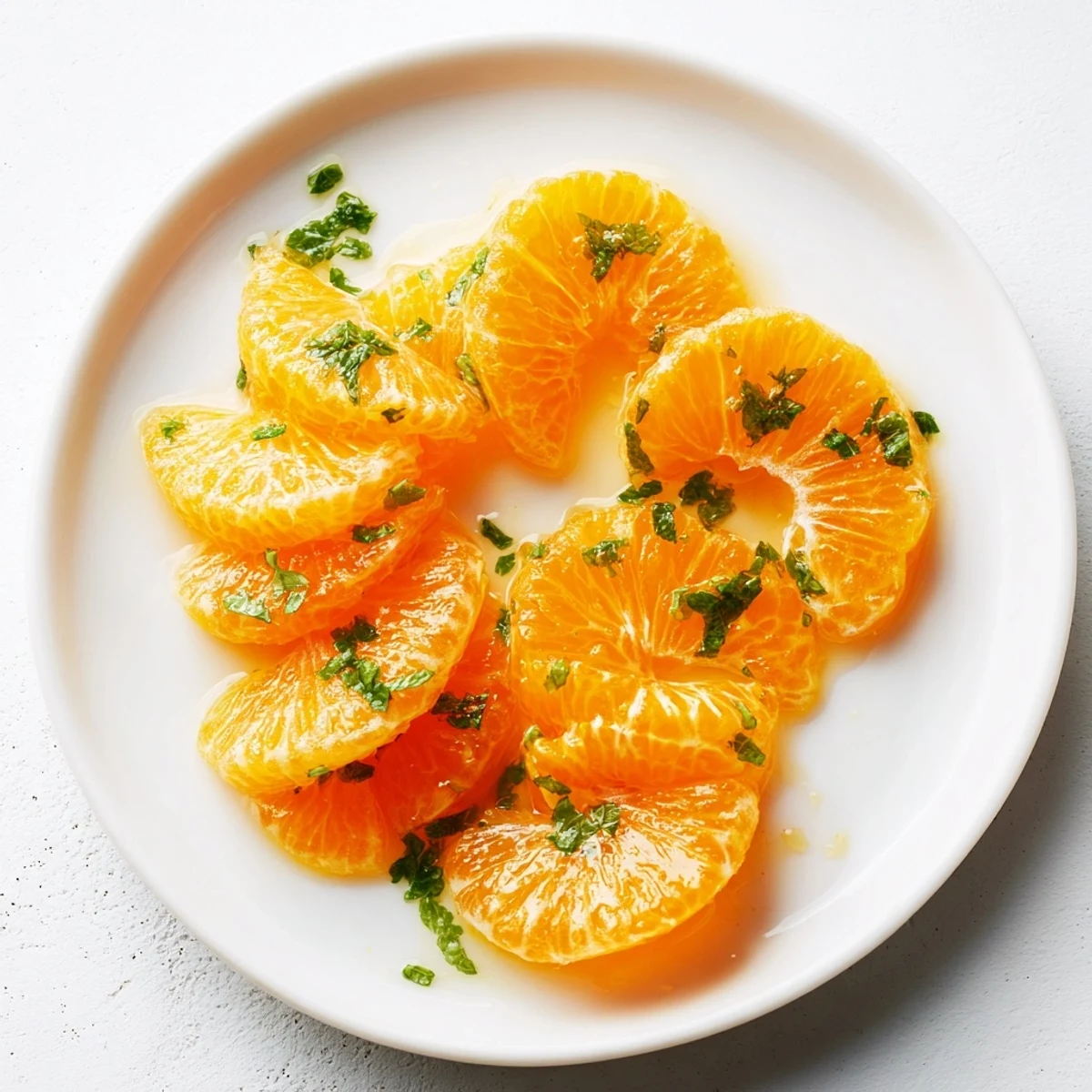 Fresh clementine fruit salad with mint, a simple, delicious dessert served in glass bowls.