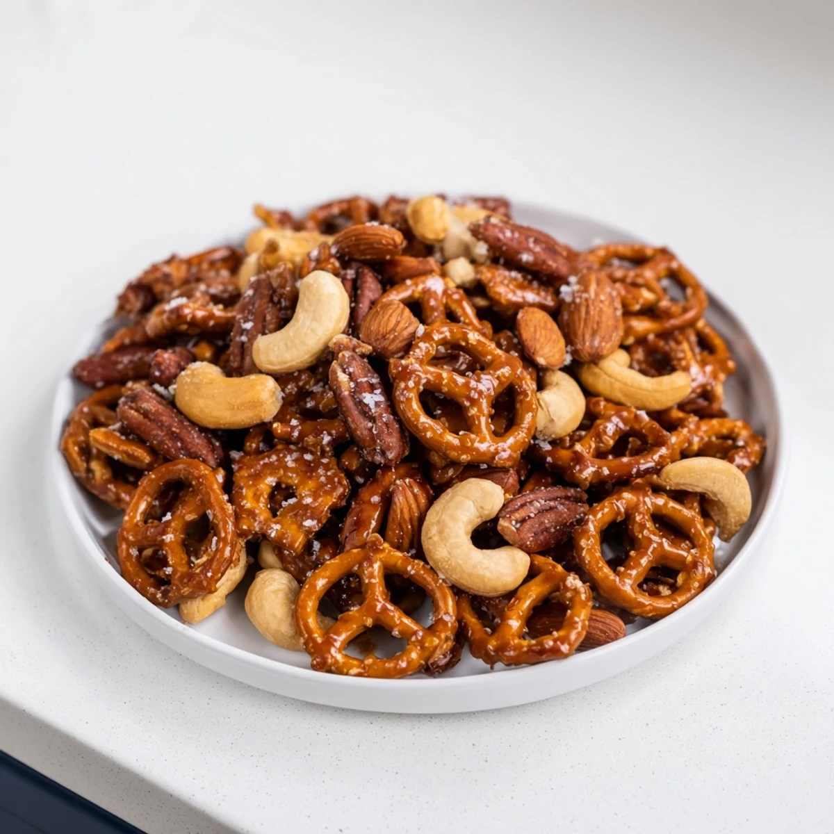 Golden, glistening salted caramel pretzels and nuts create the perfect sweet and salty snack for sharing.
