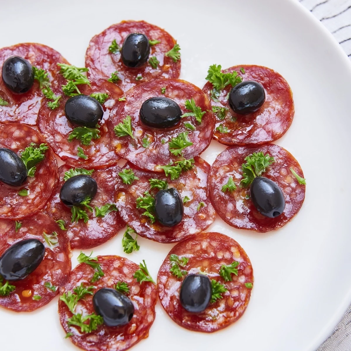 Sliced pepperoni with glistening olive halves ready to serve as a simple appetizer.