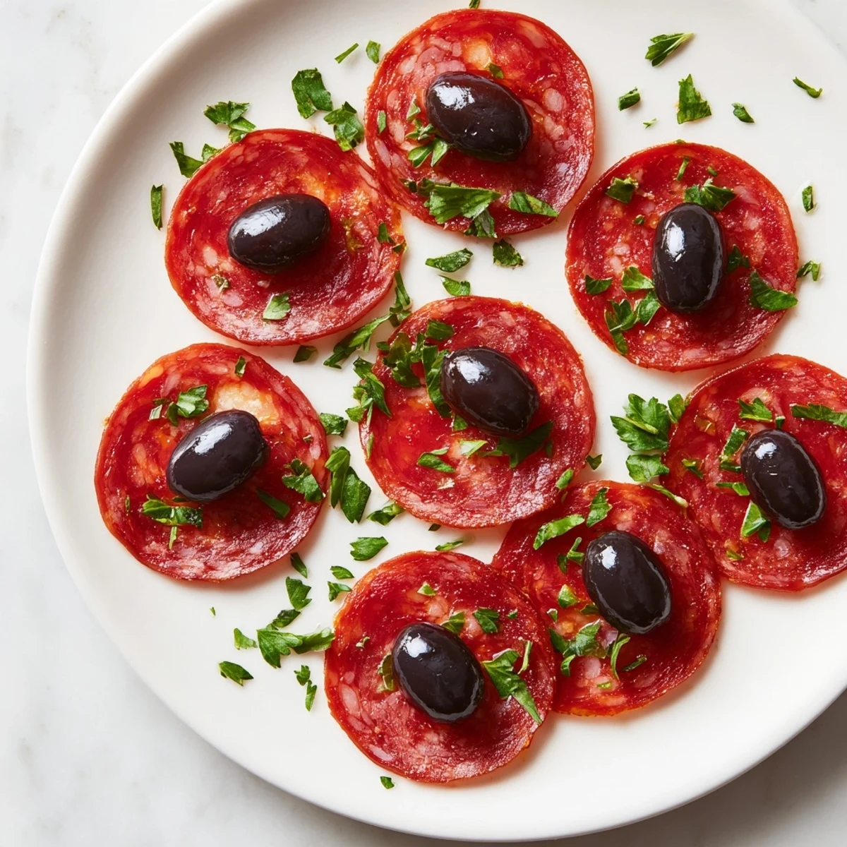 Savory sliced pepperoni and olive halves appetizer, perfect for a quick and flavorful snack.