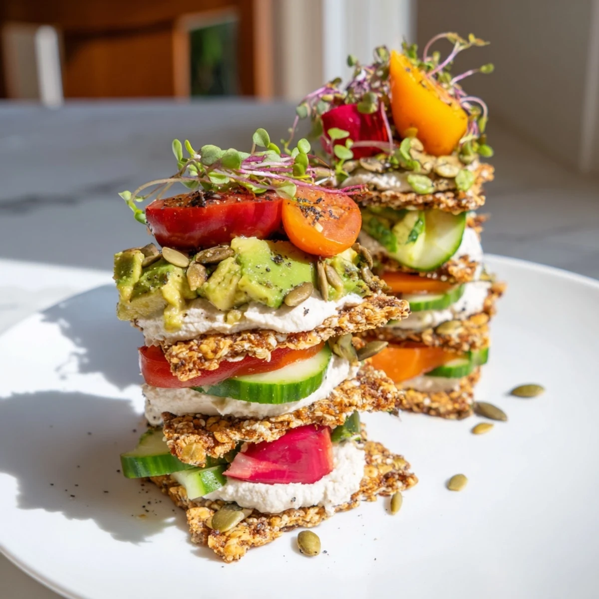 A vibrant Gluten-Free Gourmet Tower with layered crackers, bread, and colorful fresh veggies, ready to serve.