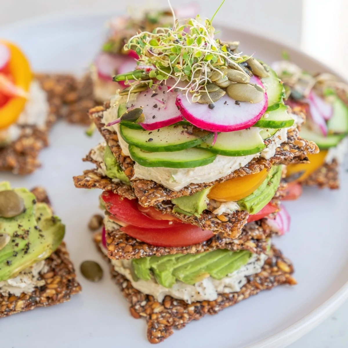 Imagine a beautifully stacked Gluten-Free Gourmet Tower featuring creamy spreads and crunchy gluten-free layers with fresh radish toppings.