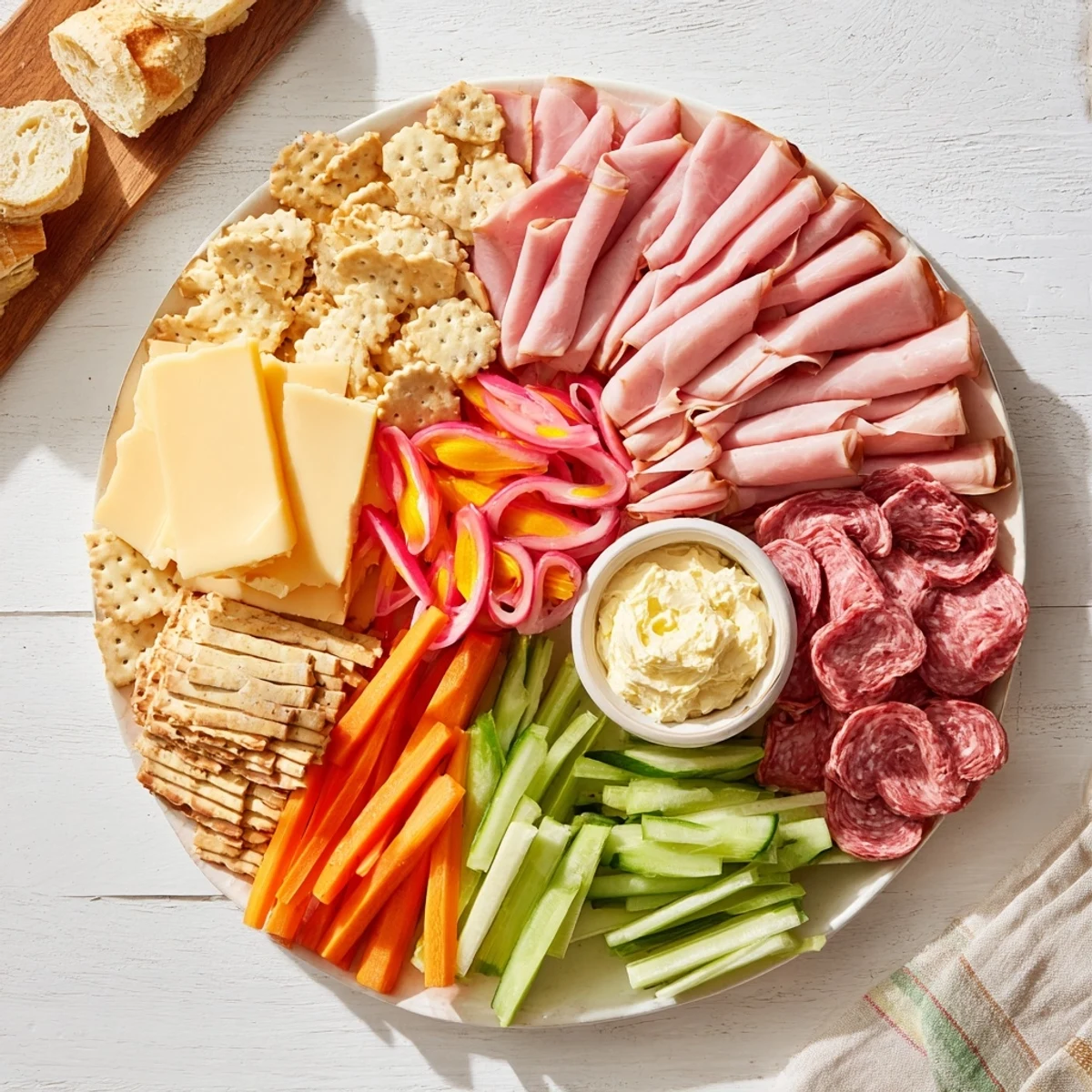 A vibrant Budget-Friendly Family Spread featuring colorful meats, cheeses, and fresh raw vegetables ready to serve.