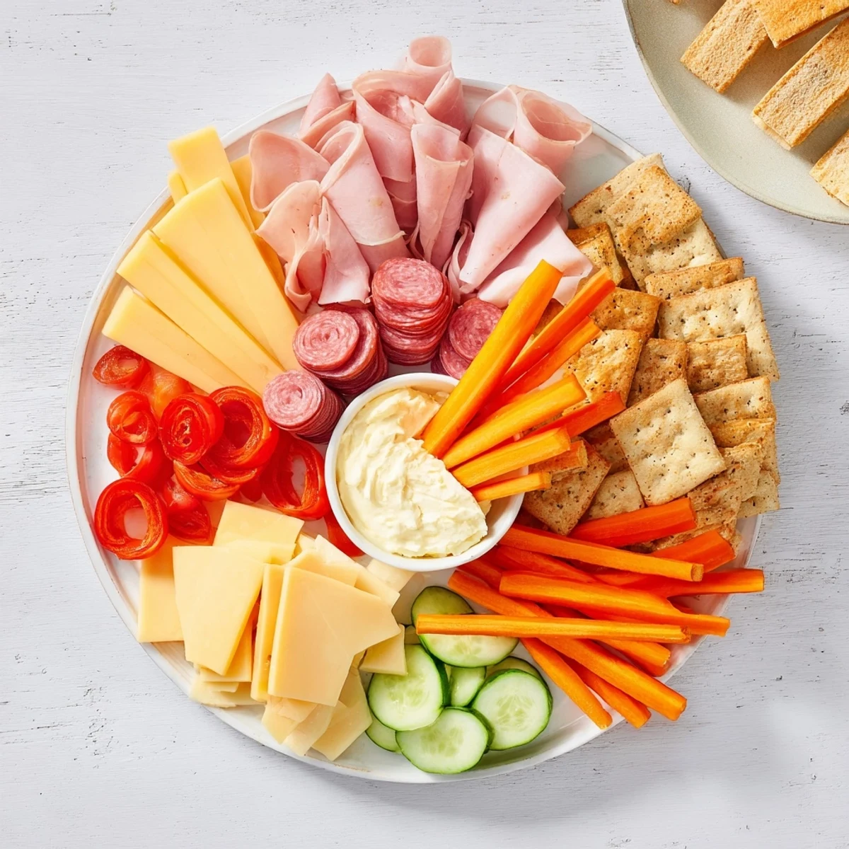 This Budget-Friendly Family Spread offers a delicious array of sliced meats and cheeses arranged attractively on a platter.